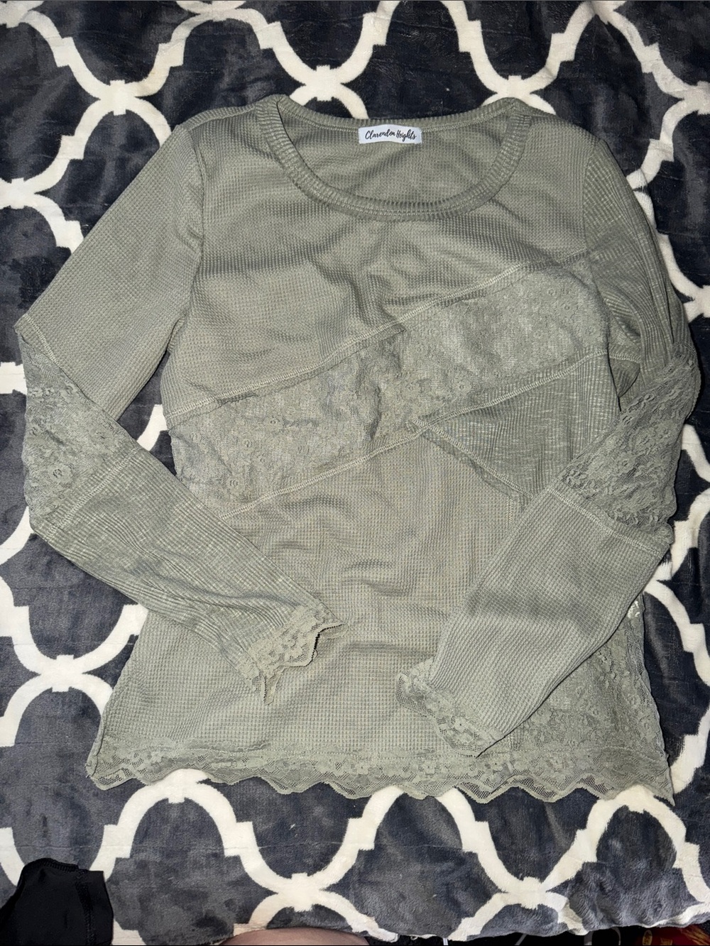 Ambiance Olive Green Lace-Trim Long Sleeve Tee
